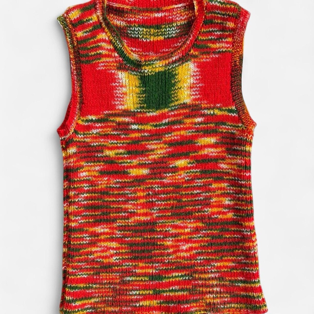 Vintage Handmade Retro 70s Red Green Yellow Knit Sleeveless Sweater Vest